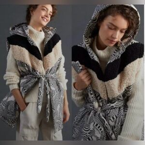 FARM Rio x Anthropologie Lively puffer vest hooded belted zebra sherpa